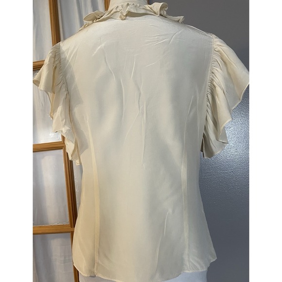 Milly of New York Silk Button Blouse Sz 10 Ivory Ruffles Front Tie Gossip Girls - Picture 4 of 13